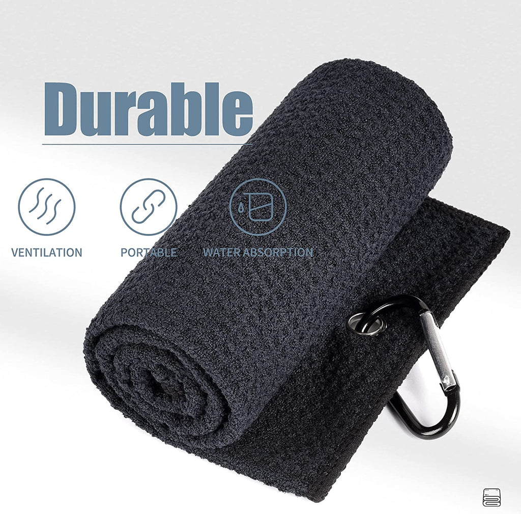 Microfiber Waffle Pattern Tri-Fold Golf Towel | Brush Tool Kit with Club Groove Cleaner, Retractable Extension Cord and Clip