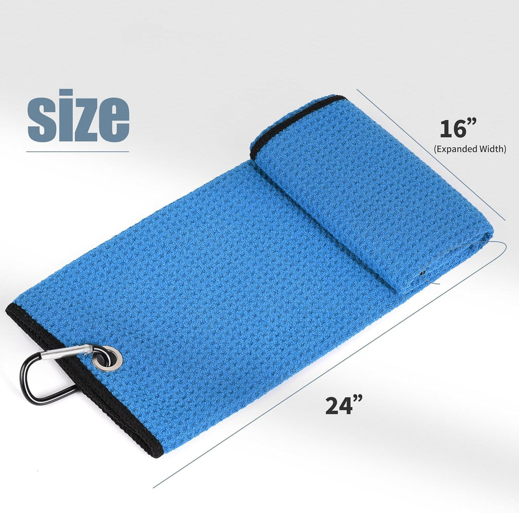 Tri-Fold Golf Towel | Premium Microfiber Fabric | Waffle Pattern | Heavy Duty Carabiner Clip | 14 Color Options