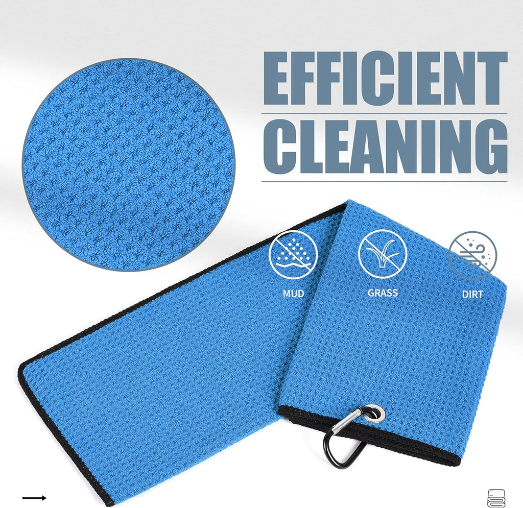 Tri-Fold Golf Towel | Premium Microfiber Fabric | Waffle Pattern | Heavy Duty Carabiner Clip | 14 Color Options