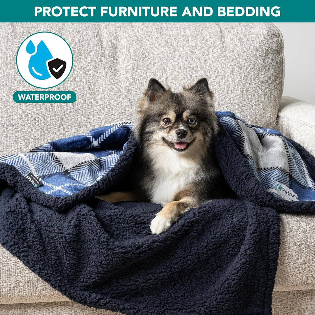 Waterproof Dog Blanket for Small Medium Dog, Pet Puppy Blanket Couch Cover Protection, Sherpa Fleece Cat Blanket Couch Sofa Bed Furniture Protector Reversible Soft Washable 29X40 Plaid Navy