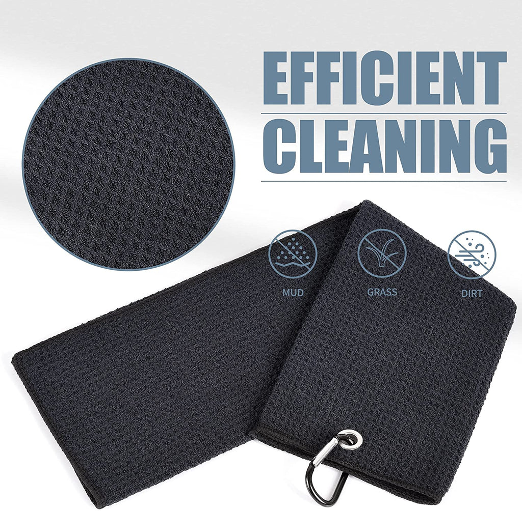 Microfiber Waffle Pattern Tri-Fold Golf Towel | Brush Tool Kit with Club Groove Cleaner, Retractable Extension Cord and Clip
